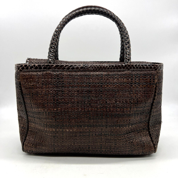 Jimmy Choo Handbag Top Handle Snakeskin Leather Brown Raffia - Picture 2 of 15